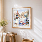 Children playing with snowman in the snow paint by numbers artwork displayed on wall as home decor