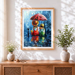 Finished children with red umbrella in the rain cross stitch artwork displayed