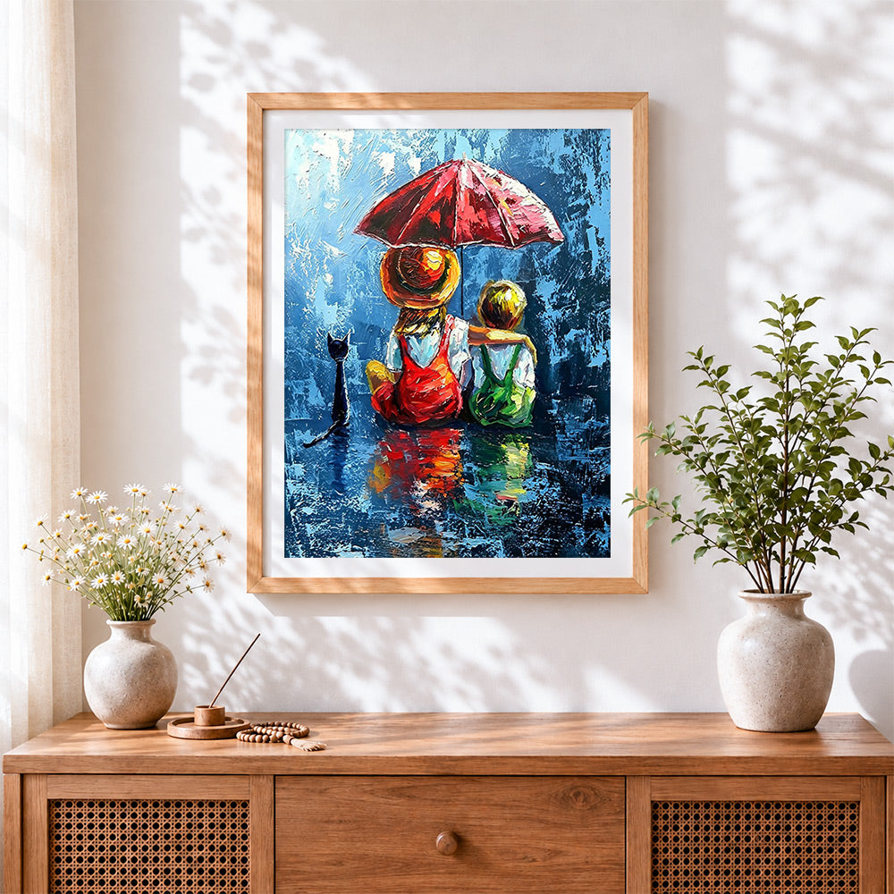 Finished children with red umbrella in the rain cross stitch artwork displayed
