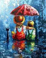Children with red umbrella in the rain cross stitch kit for beginners