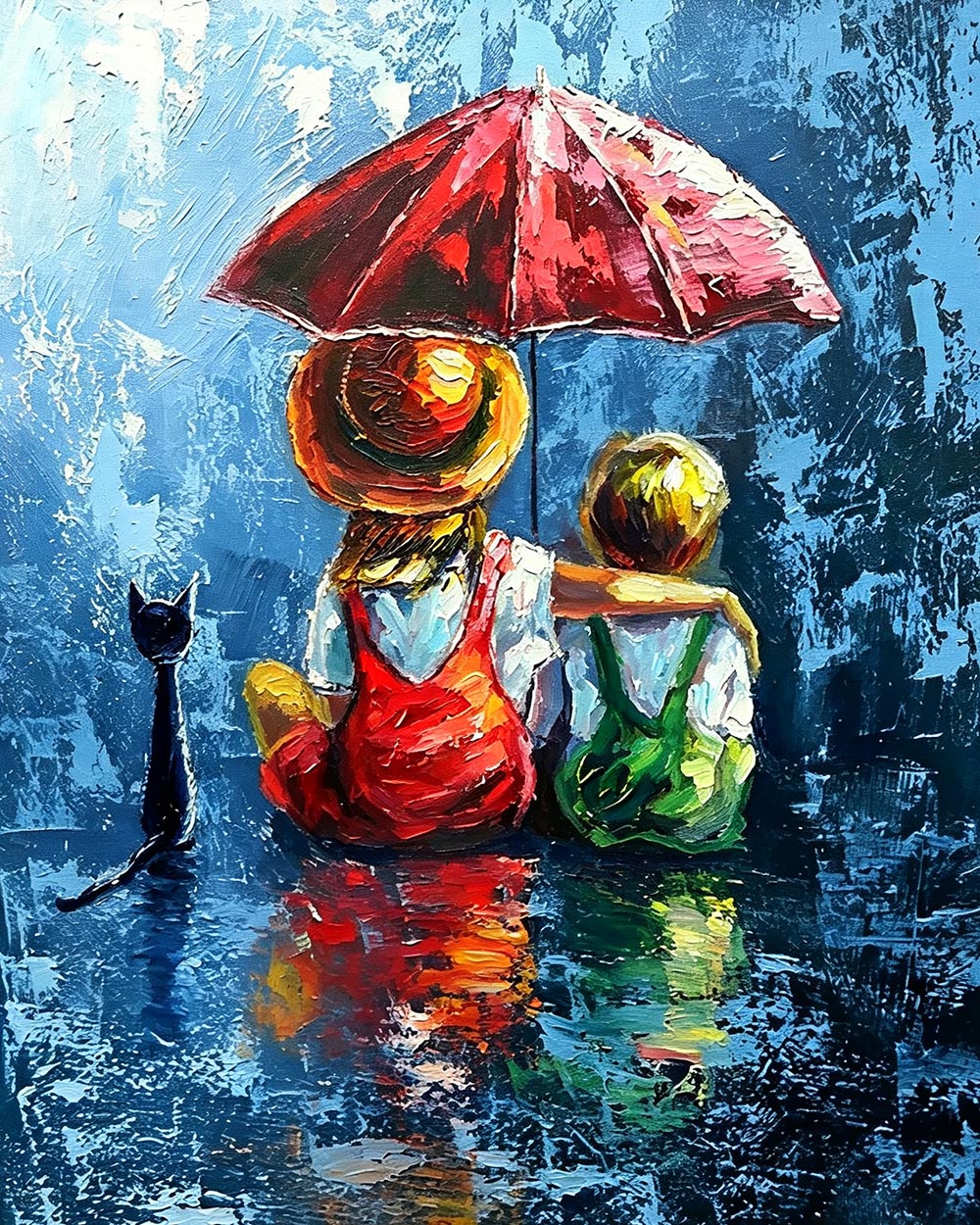 Children with red umbrella in the rain cross stitch kit for beginners