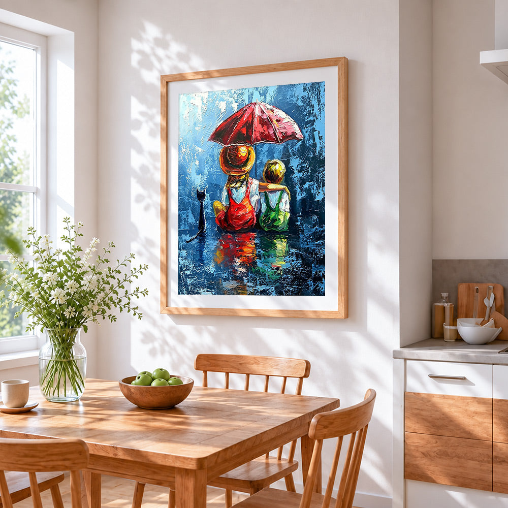 Children with red umbrella in the rain cross stitch artwork displayed on wall as home decor