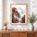 Finished chinese cliffside pavilion and autumn leaves cross stitch artwork displayed