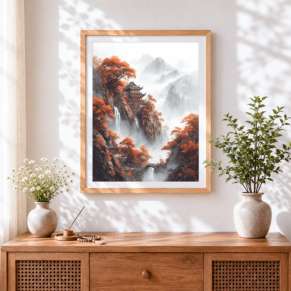 Finished chinese cliffside pavilion and autumn leaves cross stitch artwork displayed