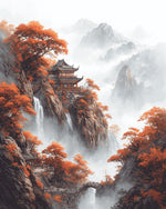 Chinese cliffside pavilion and autumn leaves cross stitch kit for beginners