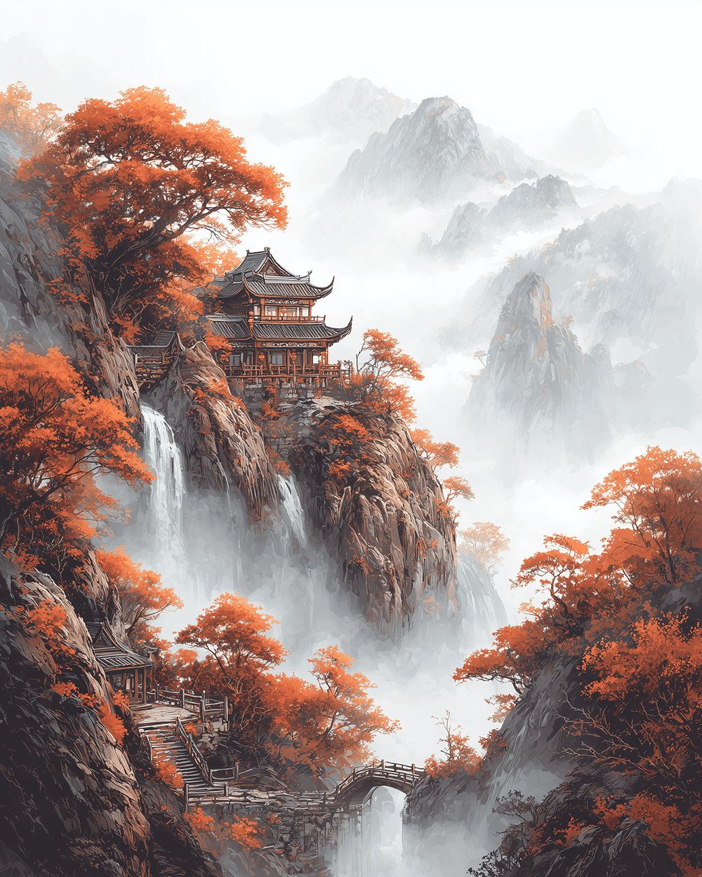 Chinese cliffside pavilion and autumn leaves cross stitch kit for beginners