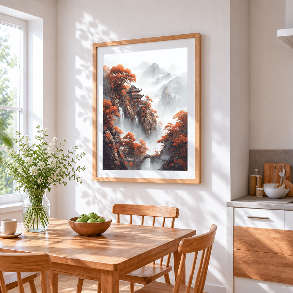 Chinese cliffside pavilion and autumn leaves cross stitch artwork displayed on wall as home decor