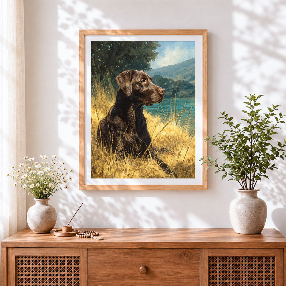 Finished chocolate labrador by lake paint by numbers artwork displayed as home decor