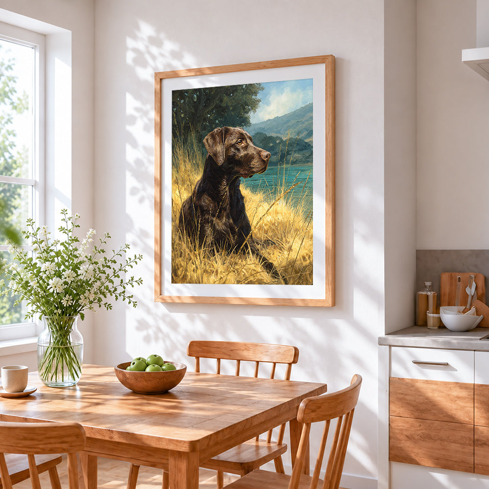 Chocolate labrador by lake paint by numbers artwork displayed on wall as home decor