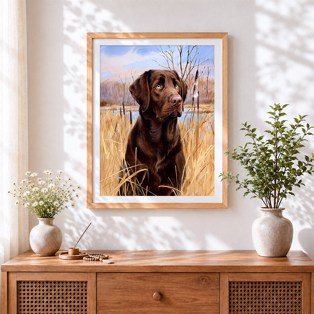 Finished chocolate labrador in reeds cross stitch artwork displayed