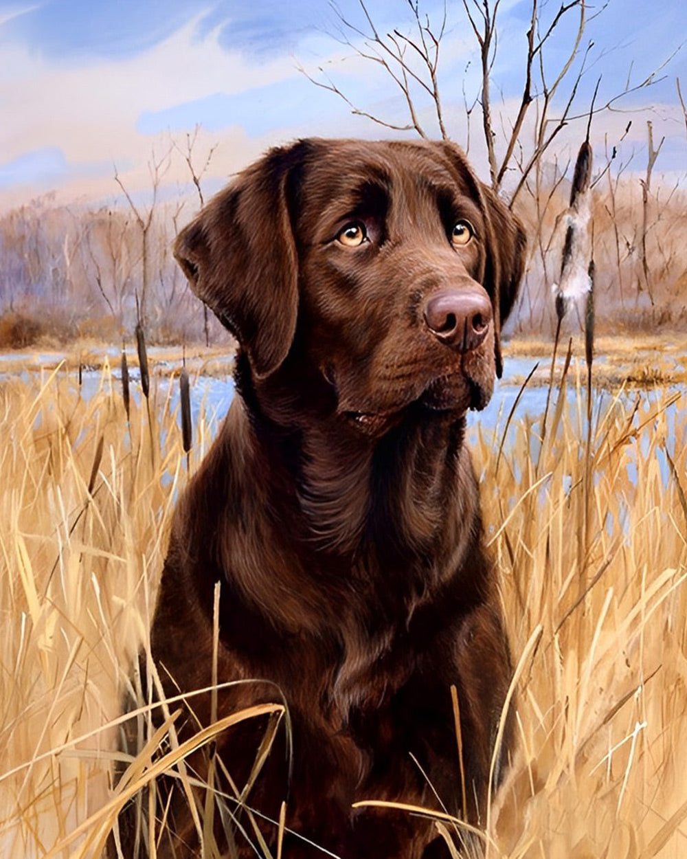 Chocolate labrador in reeds cross stitch kit for beginners