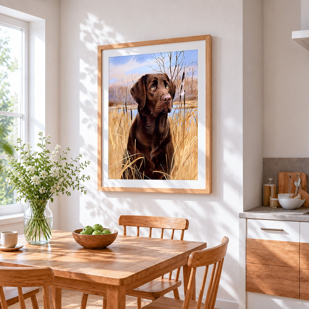 Chocolate labrador in reeds cross stitch artwork displayed on wall as home decor