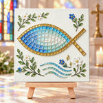 Christian fish symbol sea glass art kit finished artwork on display