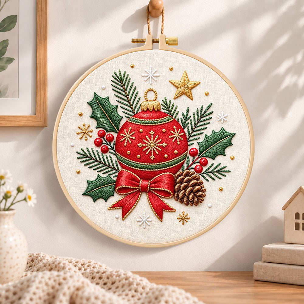 Christmas bauble ornament embroidery hoop wall art displayed as warm and cosy handmade home decor