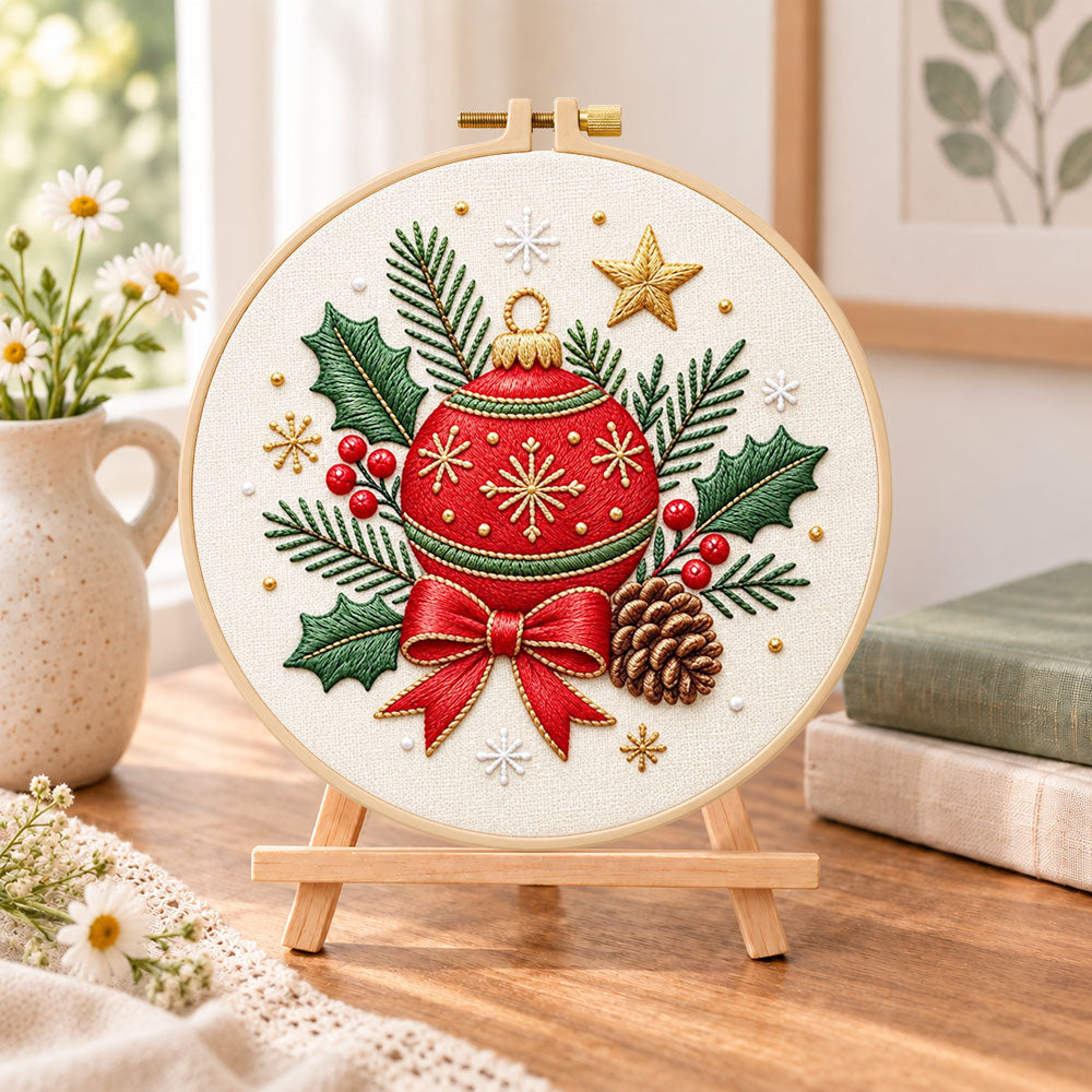 Christmas bauble ornament embroidery kit finished hoop displayed on a wooden stand as cosy tabletop decor