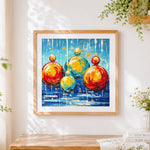 Finished christmas baubles and stars cross stitch artwork displayed