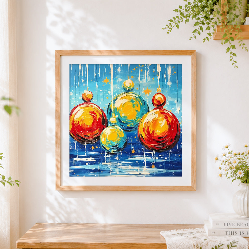 Finished christmas baubles and stars cross stitch artwork displayed