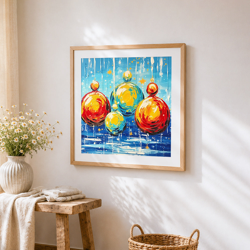 Christmas baubles and stars cross stitch artwork displayed on wall as home decor
