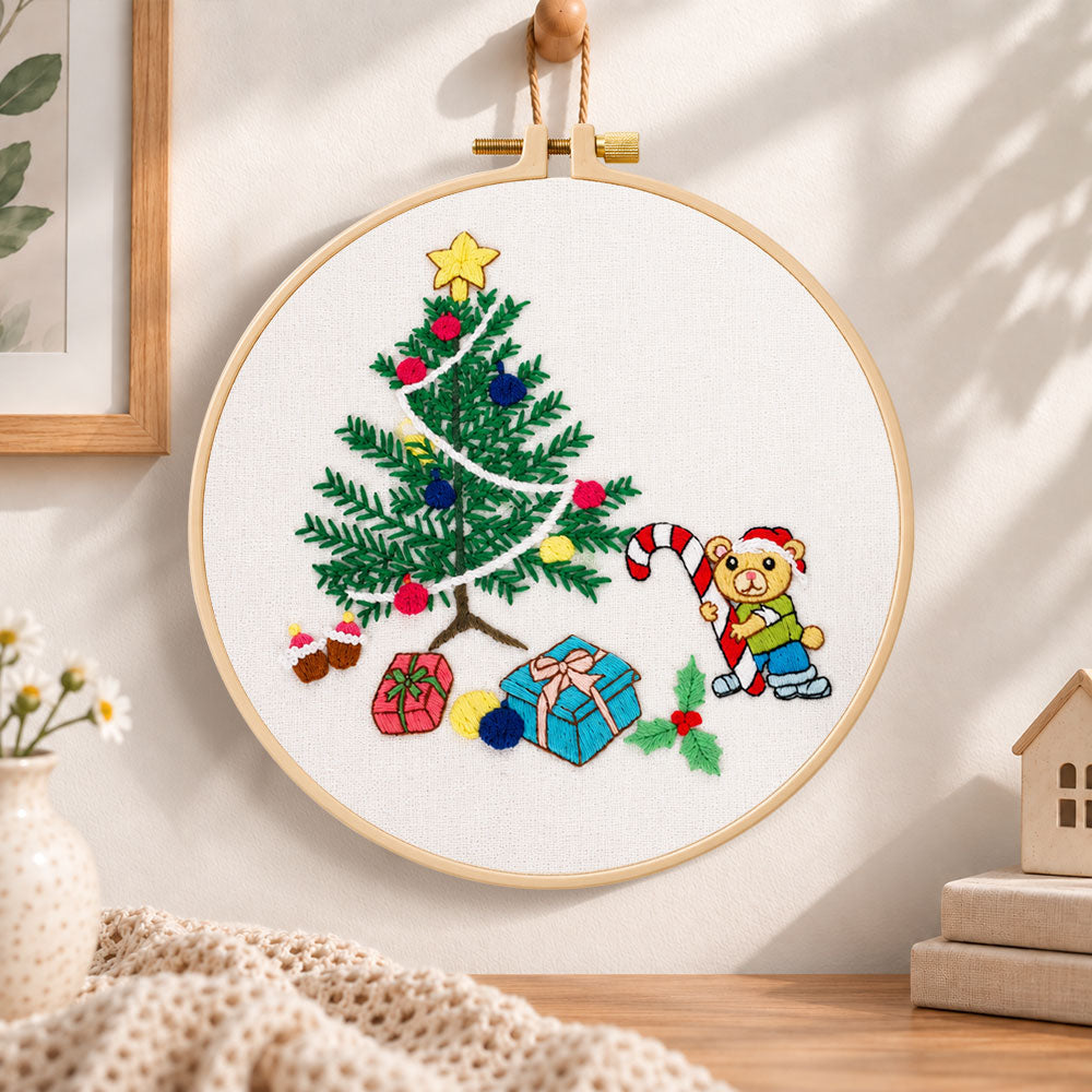 Christmas bear tree embroidery hoop wall art displayed as warm and cosy handmade home decor
