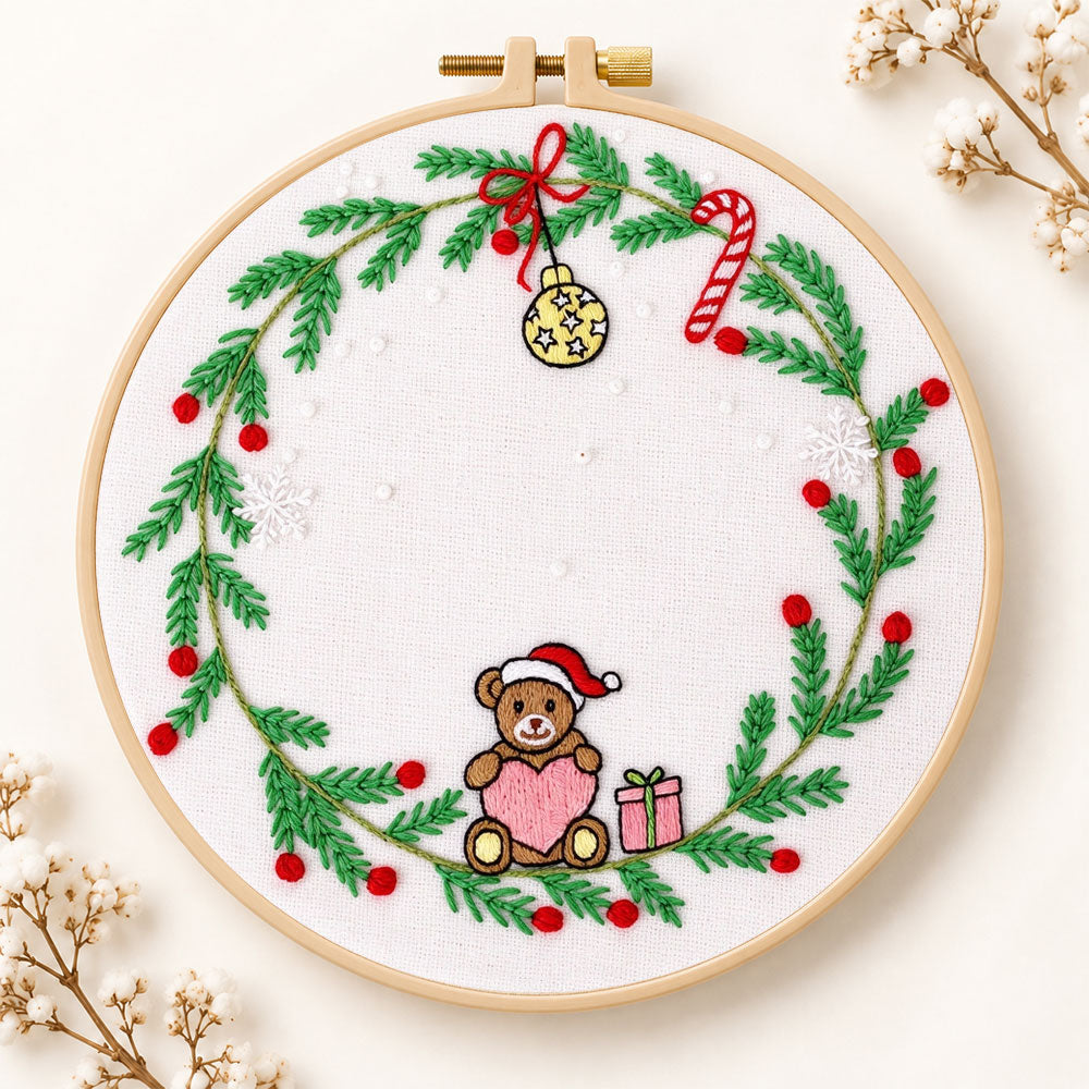 Christmas bear wreath embroidery kit