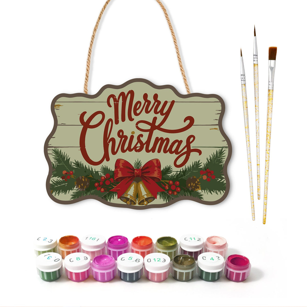 Christmas bells and bow paint by numbers door hanger with paints and brushes