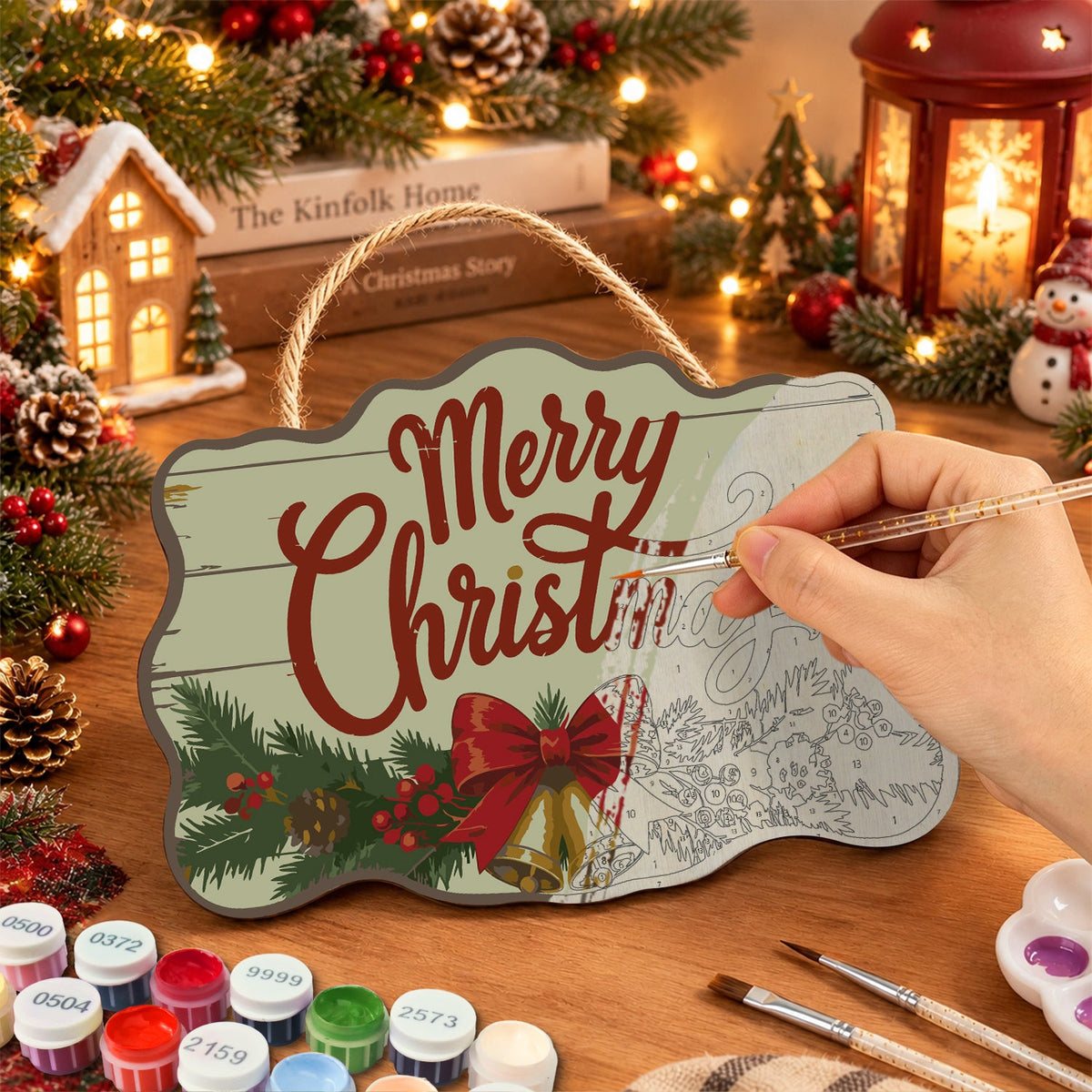 Christmas bells and bow paint by numbers door hanger painting process