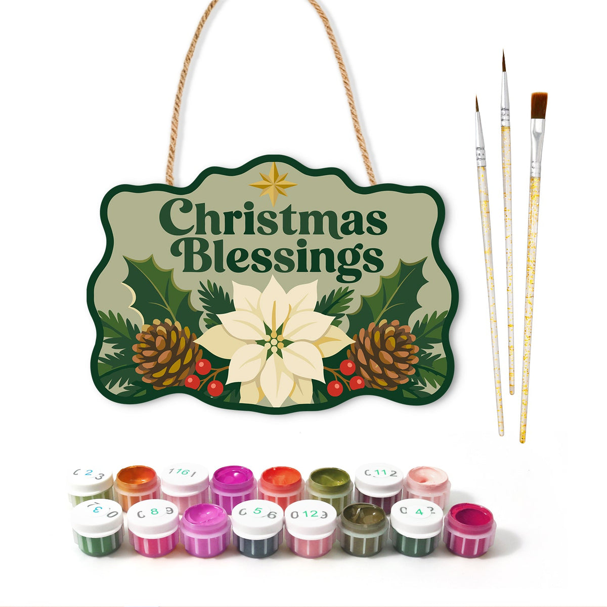 Christmas blessings green paint by numbers door hanger with paints and brushes