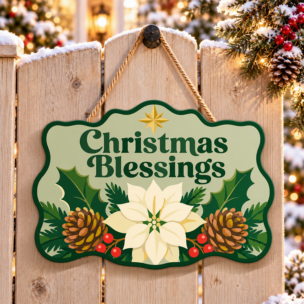 Christmas blessings green paint by numbers door hanger on a garden gate