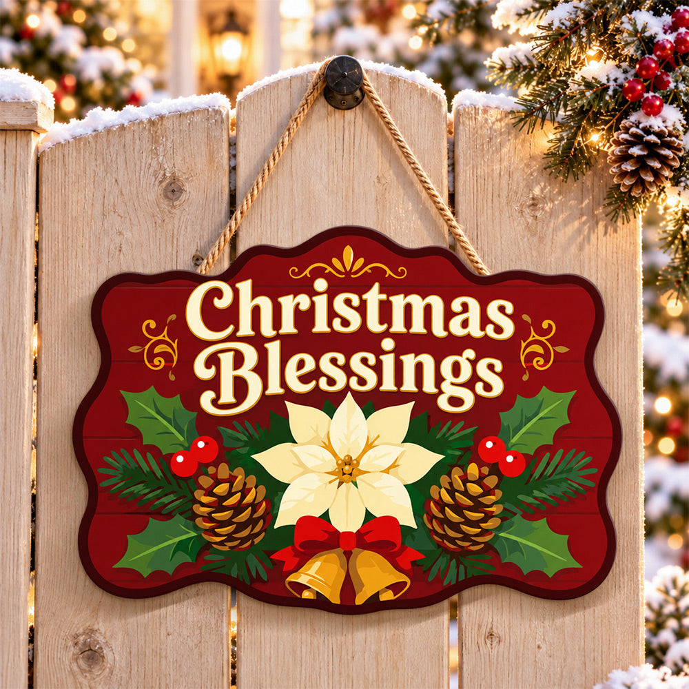 Christmas blessings poinsettia paint by numbers door hanger on a garden gate