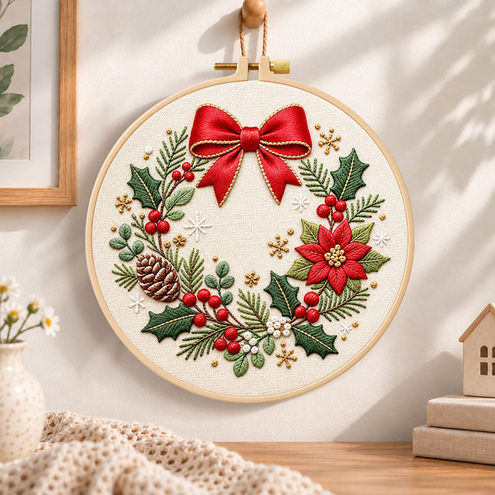Christmas bow wreath embroidery hoop wall art displayed as warm and cosy handmade home decor