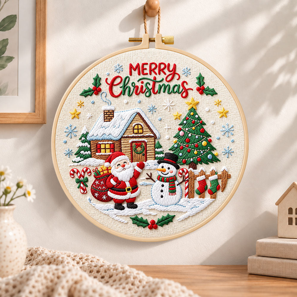 Christmas cabin and tree embroidery hoop wall art displayed as warm and cosy handmade home decor