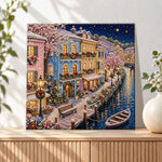 Finished christmas canal town at night pearl diamond painting artwork displayed as holiday home decor