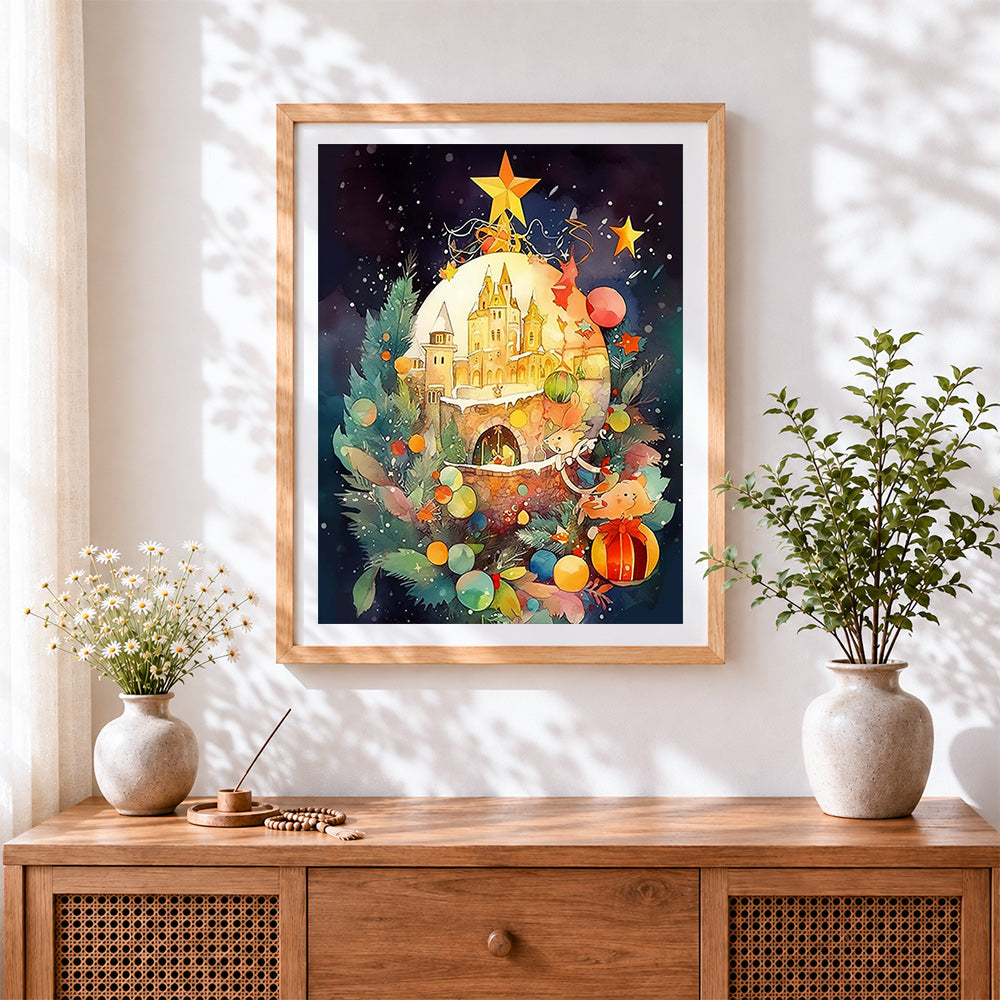 Finished christmas castle bauble cross stitch artwork displayed