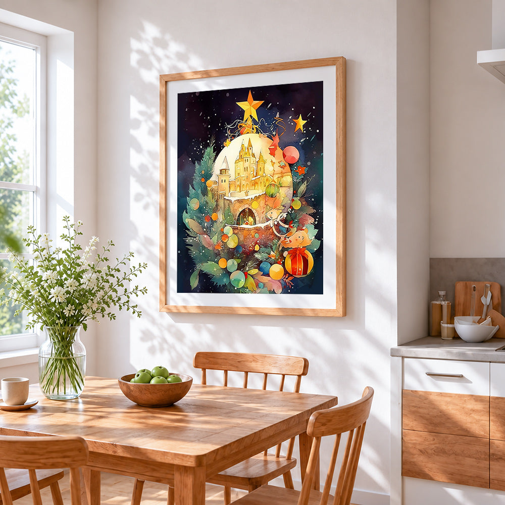 Christmas castle bauble cross stitch artwork displayed on wall as home decor