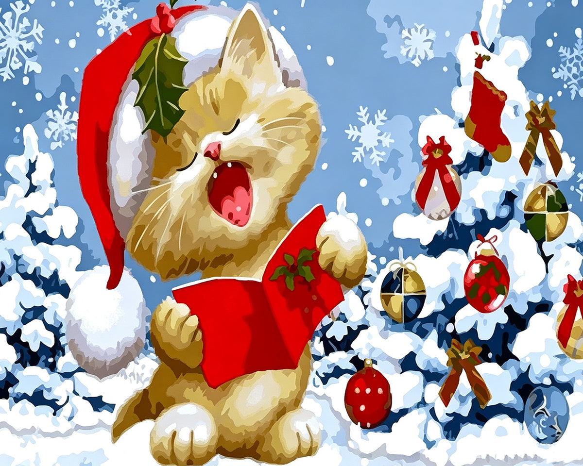 Christmas cat singing carols in the snow cross stitch kit for beginners