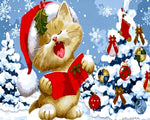 Christmas cat singing carols in the snow cross stitch kit for beginners