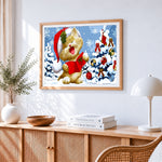 Christmas cat singing carols in the snow cross stitch artwork displayed on wall as home decor