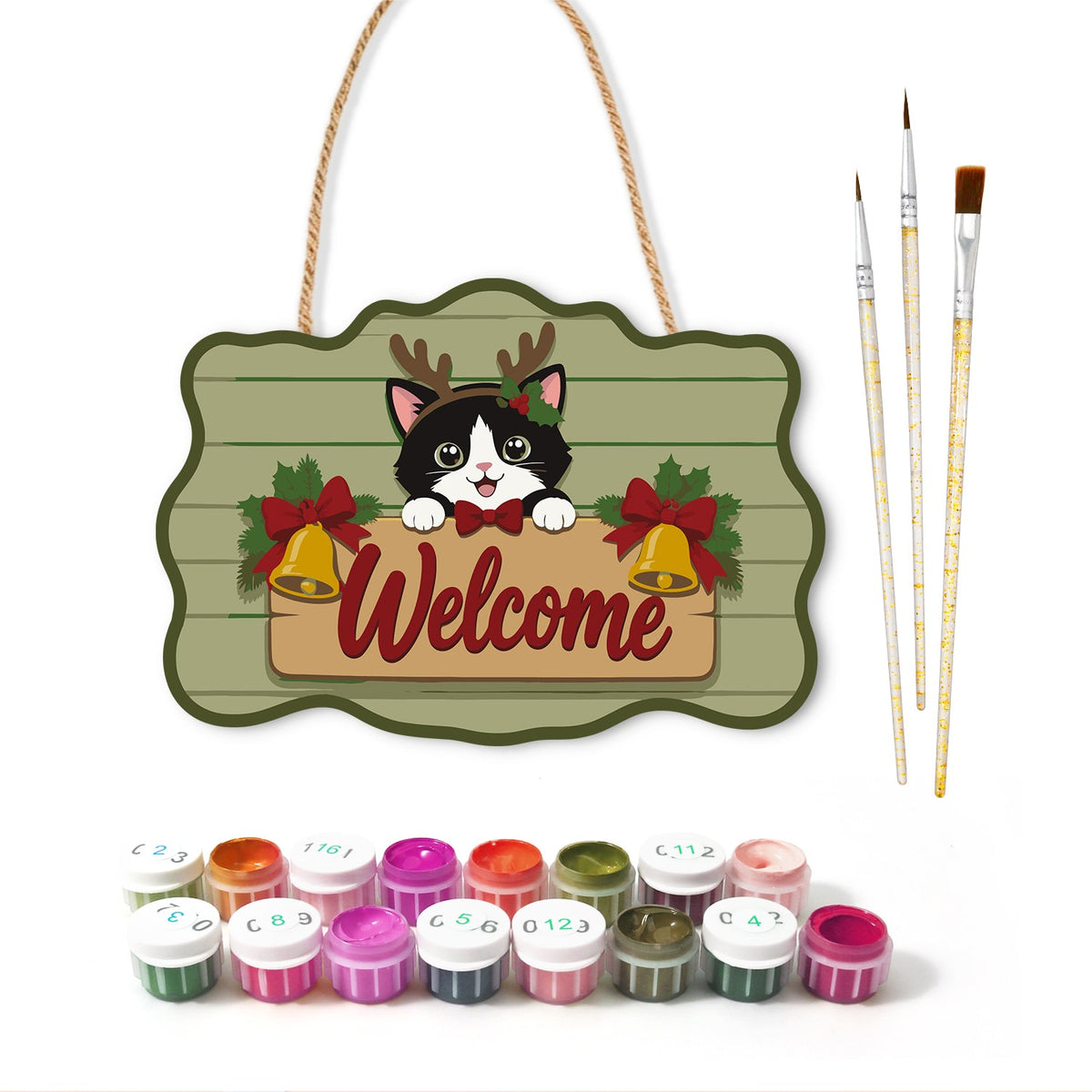 Christmas cat welcome paint by numbers door hanger with paints and brushes