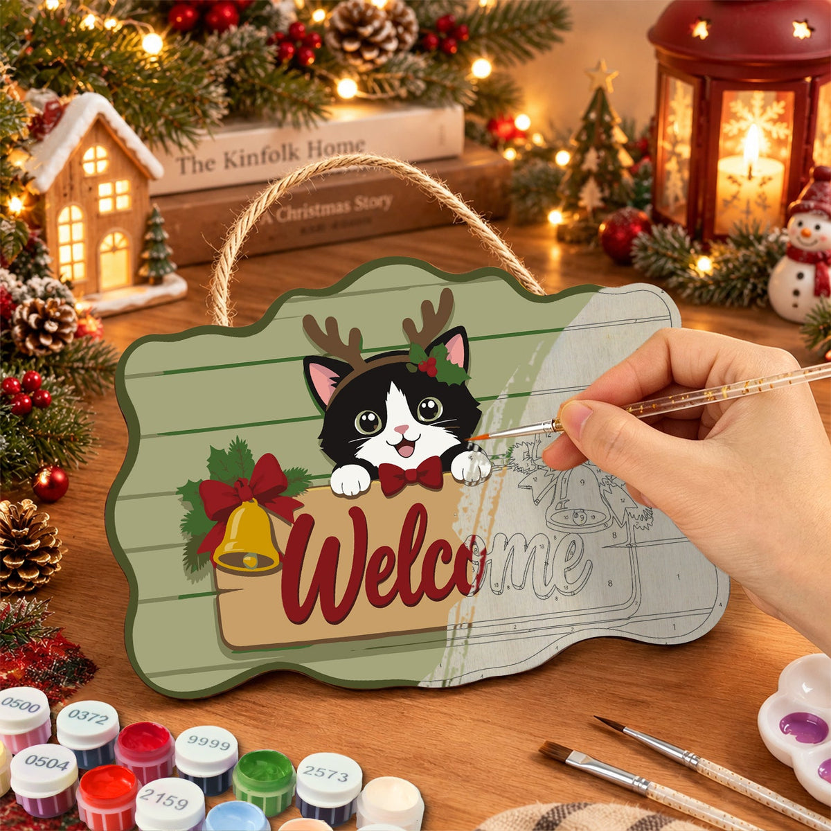 Christmas cat welcome paint by numbers door hanger painting process