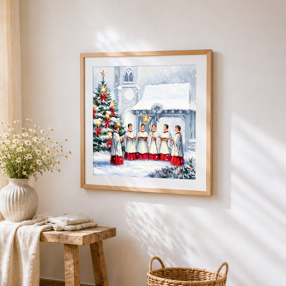 Christmas choir singing in the snow paint by numbers artwork displayed on wall as home decor