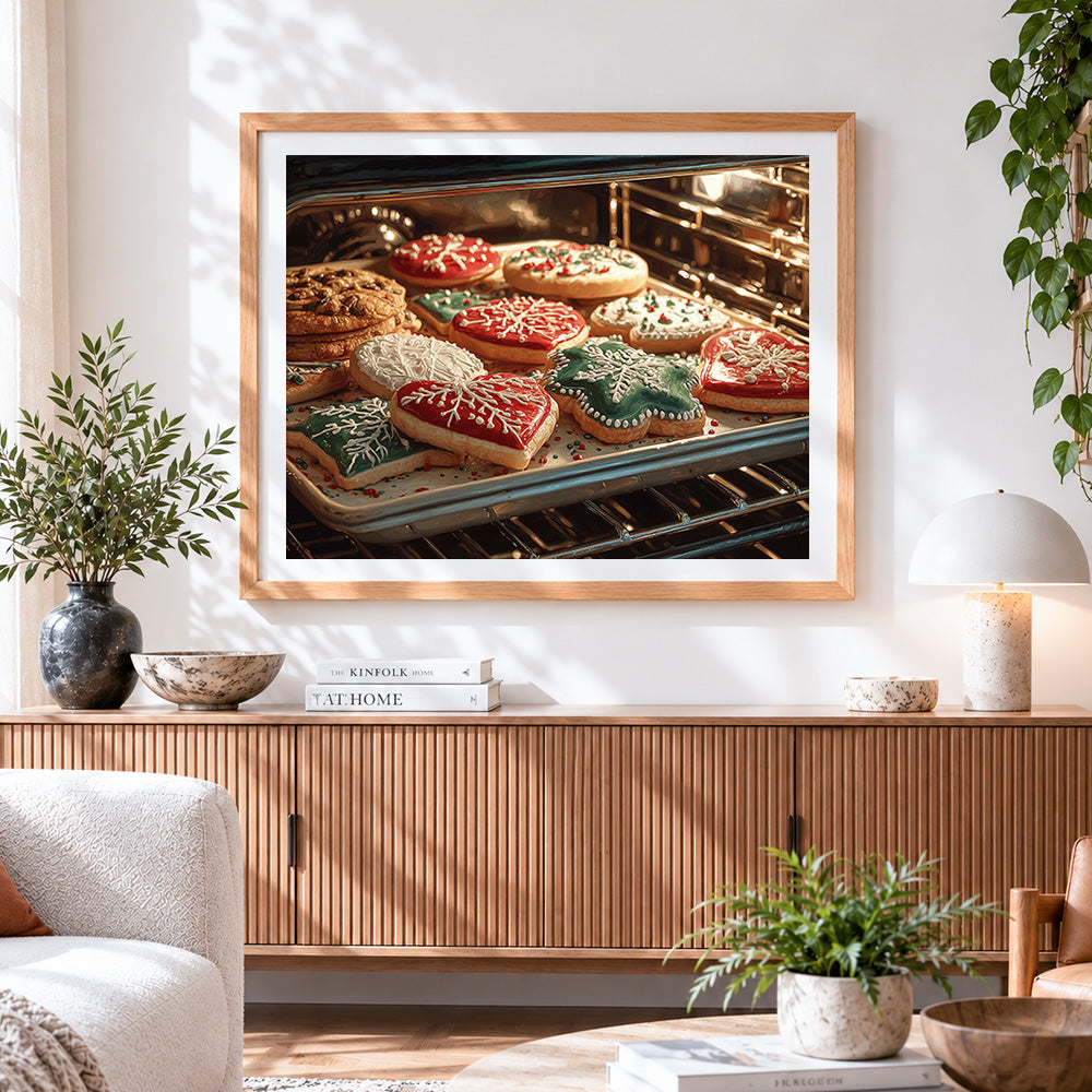 Finished christmas cookies in oven cross stitch artwork displayed