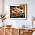 Christmas cookies in oven cross stitch artwork displayed on wall as home decor