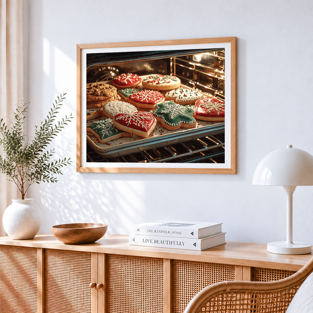 Christmas cookies in oven cross stitch artwork displayed on wall as home decor