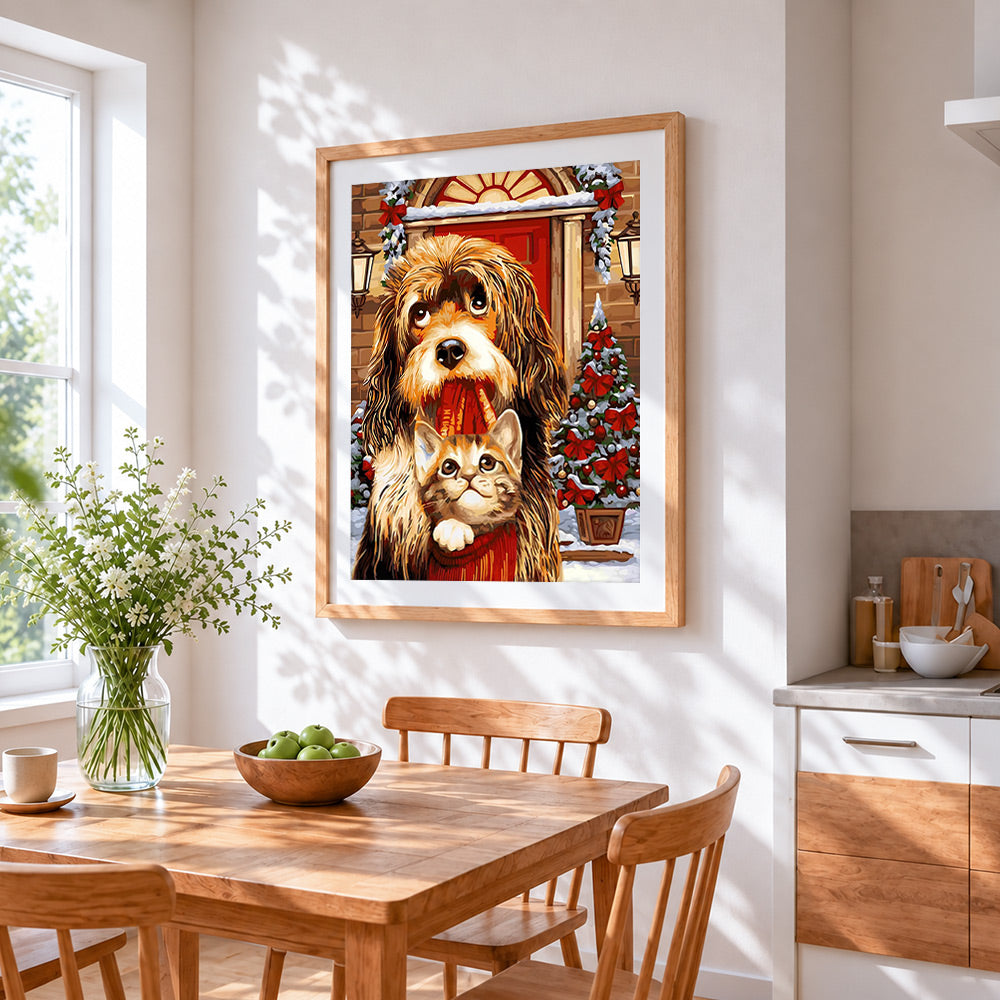 Christmas dog and kitten cross stitch artwork displayed on wall as home decor