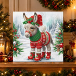 Finished christmas donkey in snow pearl diamond painting artwork displayed as holiday home decor