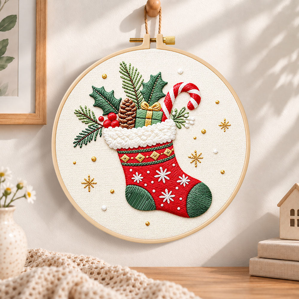 Christmas fireplace stocking embroidery hoop wall art displayed as warm and cosy handmade home decor