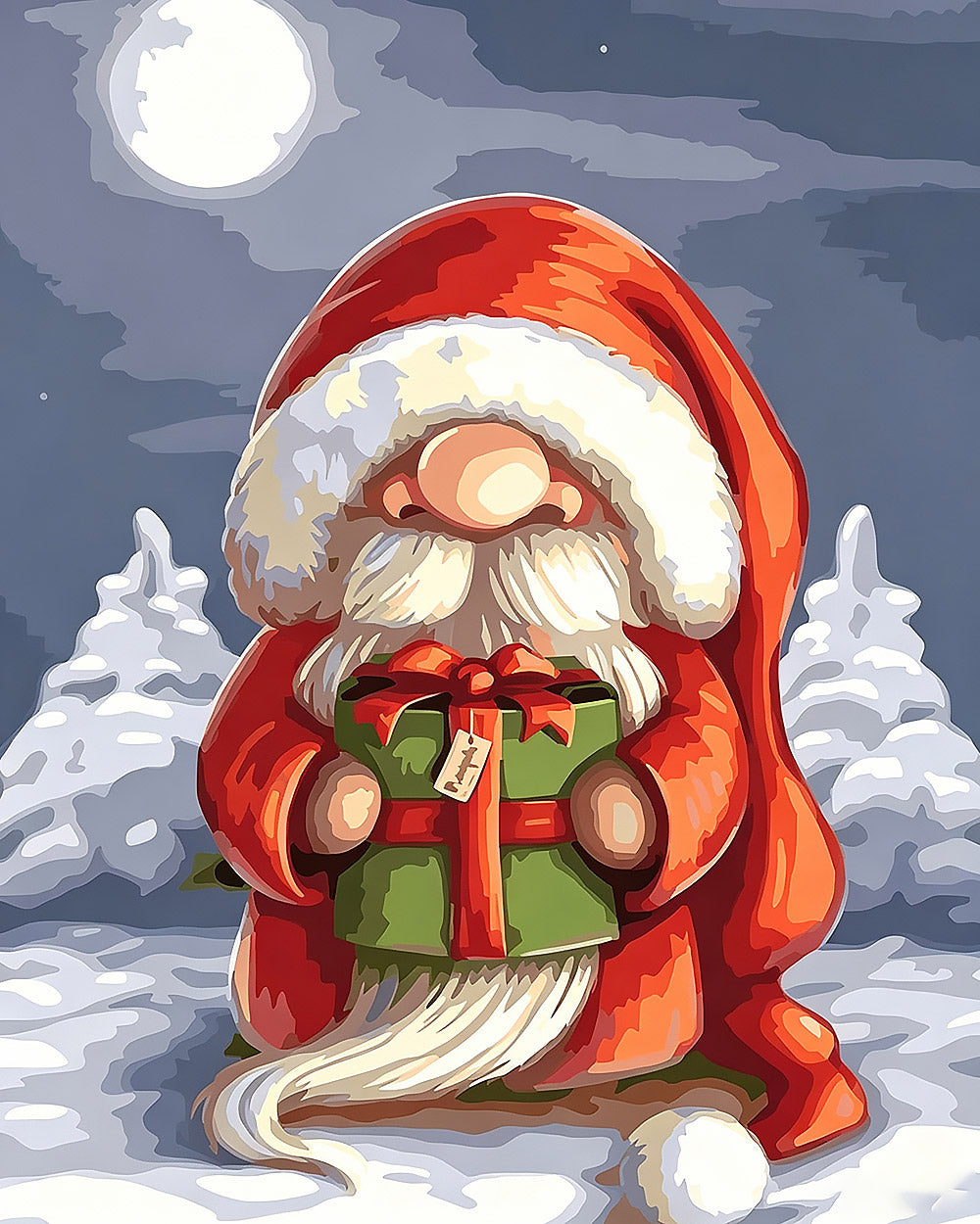Christmas gnome holding a gift cross stitch kit for beginners