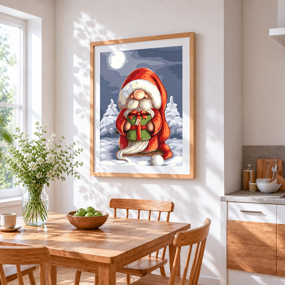 Christmas gnome holding a gift cross stitch artwork displayed on wall as home decor