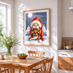 Christmas gnome holding a gift cross stitch artwork displayed on wall as home decor