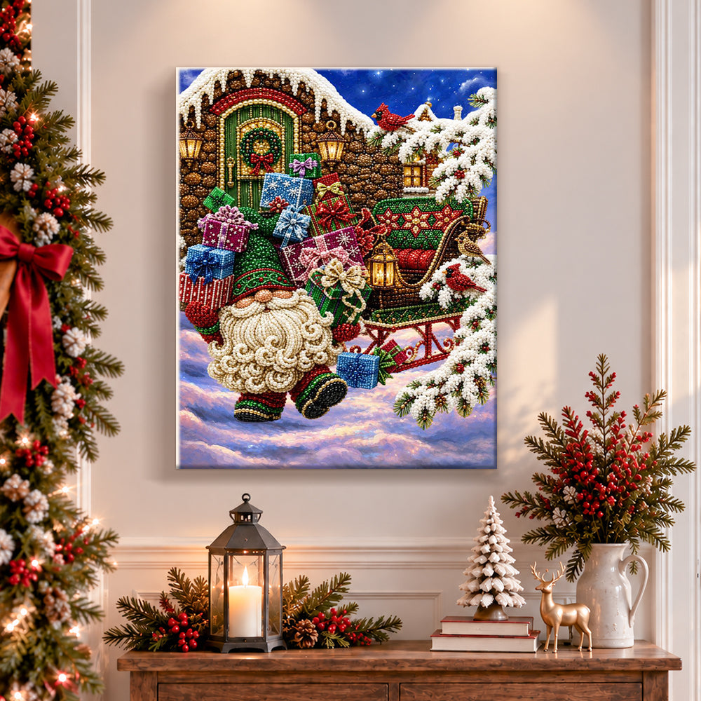 Finished christmas gnome with gift sleigh pearl diamond painting artwork displayed as holiday home decor